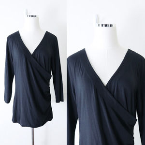 Soft Surroundings Size XL Shapely Surplice Faux Wrap Jersey Top Black 3/4 Sleeve
